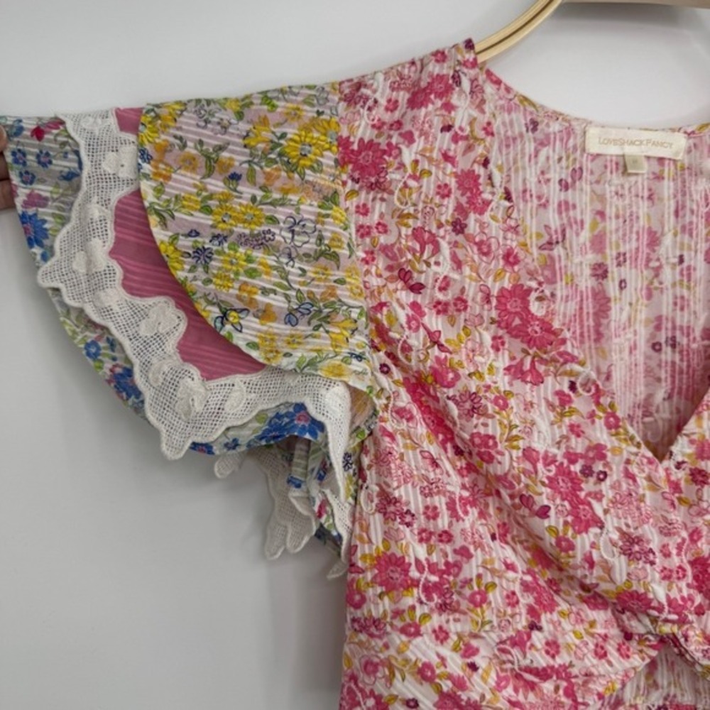 LoveShackFancy Kielle Crop Top Size Medium Pink Floral Twist Front Ruffle Sleeve - Picture 6 of 11